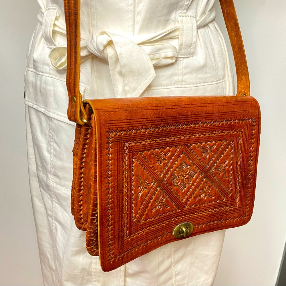 Hand Tooled Cowhide Leather Adjustable Crossbody - image 2